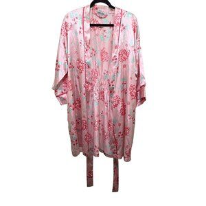 Morgan Taylor Pink Floral Satin Kimono Robe Belt & Elastic Waist Women Size S/M
